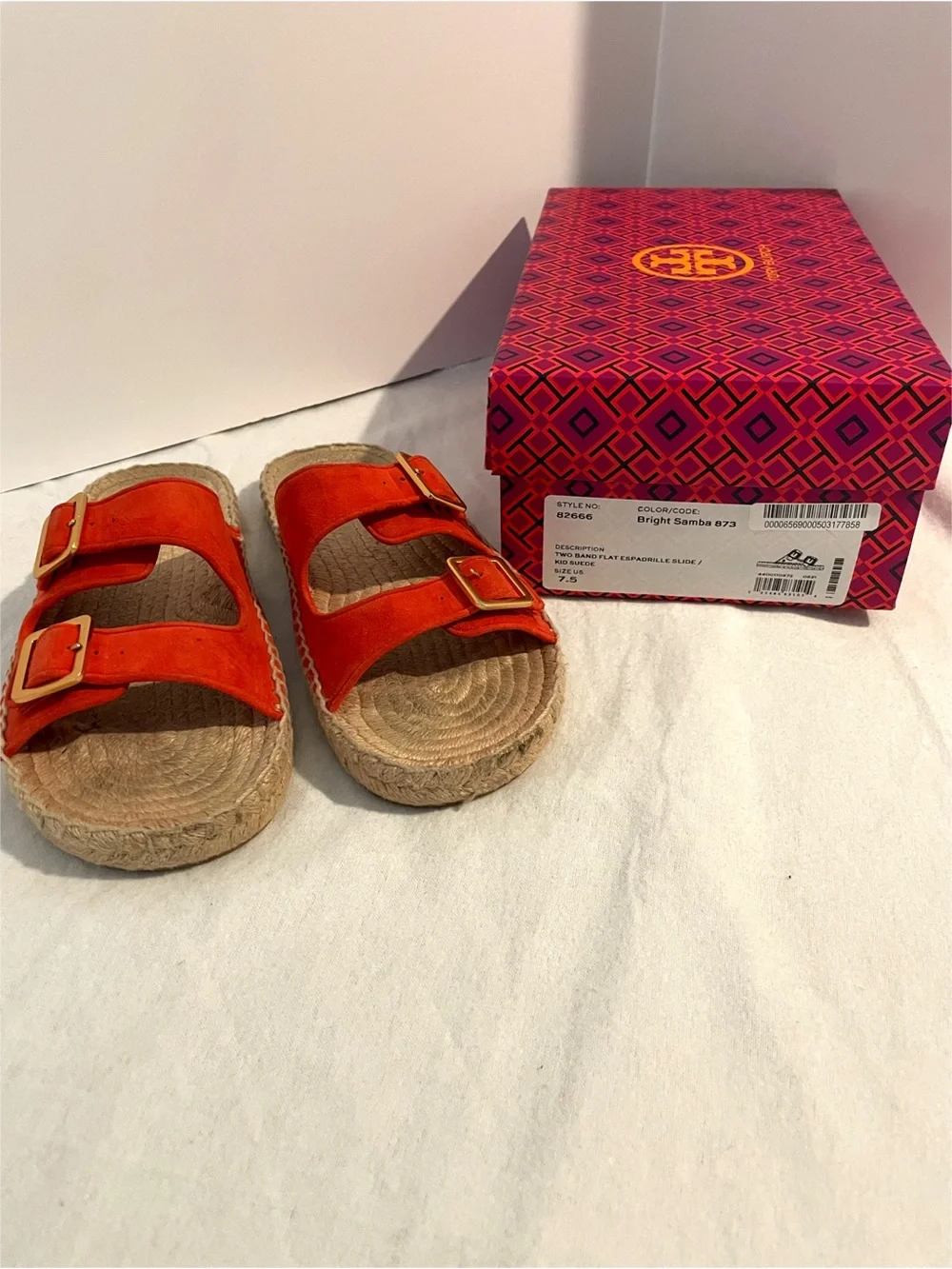 Tory Burch Orange Suede Espadrille Slide Sandals Buckle Logo Women’s US 7.5